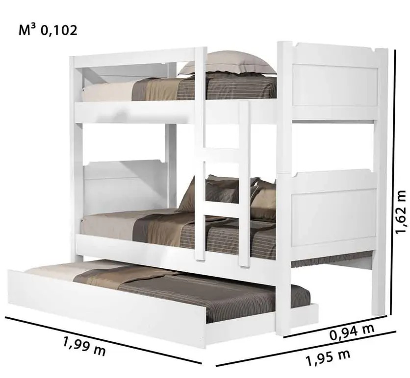 imagem de Beliche com cama auxiliar -1,99x0,94x1,62m Branco- Anyben - ace063ee96